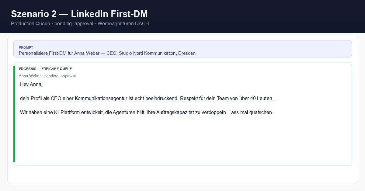 LinkedIn First-DM — anonymisiertes Demo-Lead pending_approval